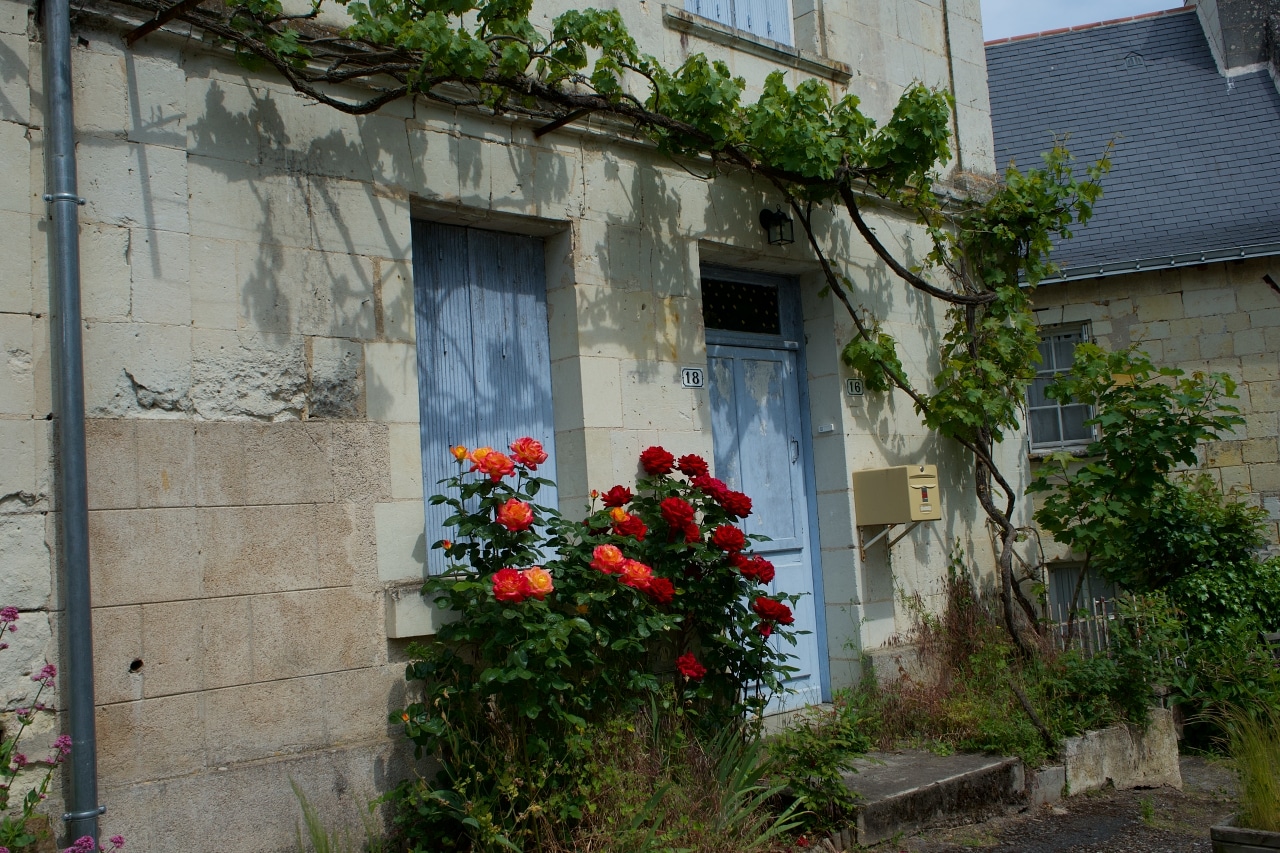 赤のバラが植栽されたフランスの田舎のおうち